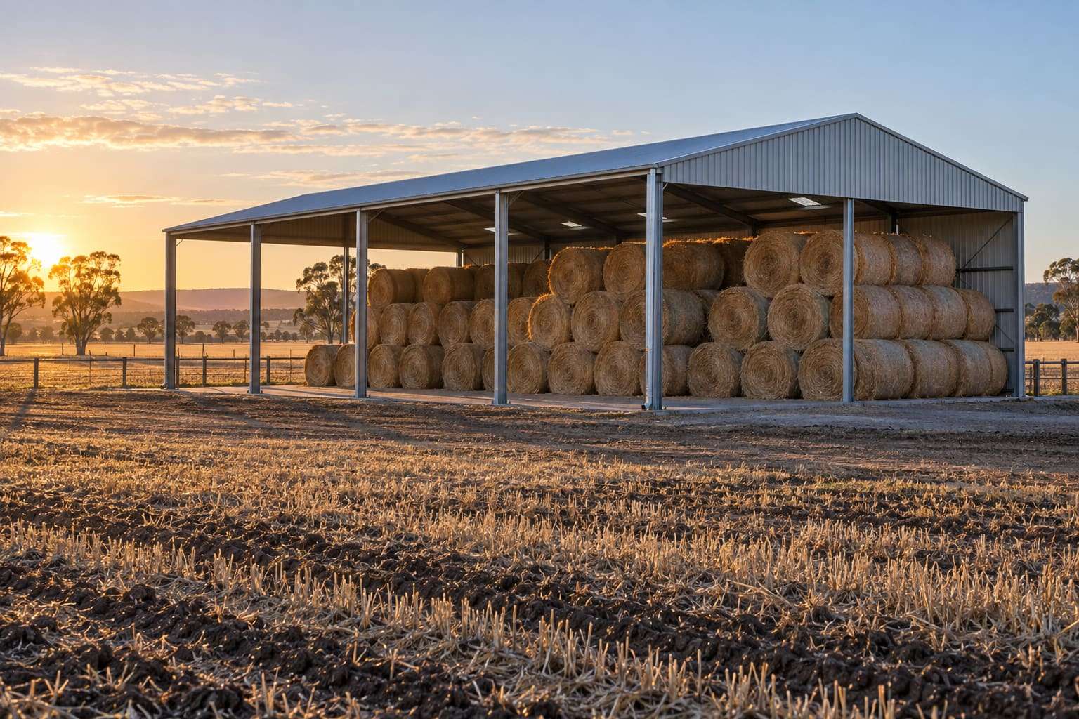 Open-sided steel hay shed filled with round bales on black-soil country at sunrise