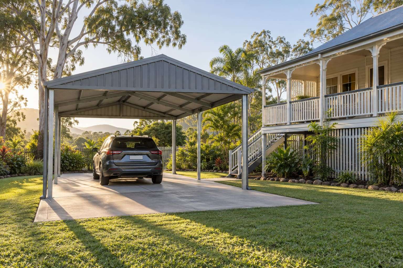 Steel gable carport over a car beside a raised Queenslander house
