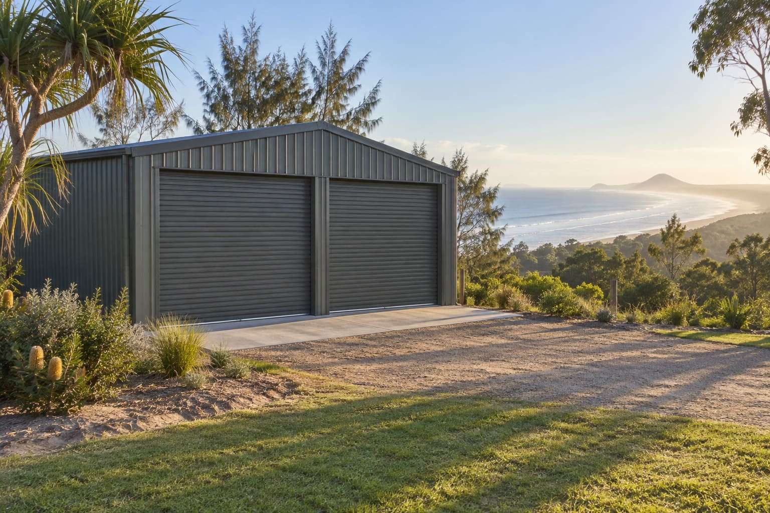 Steel double garage among pandanus and casuarinas on a coastal Queensland block, with the sea behind