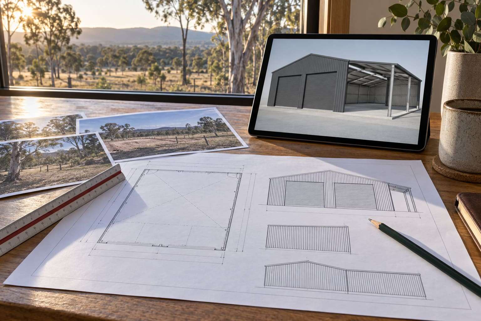Shed floor plan and elevation drawings on a desk with a scale rule and a tablet showing a 3D shed model