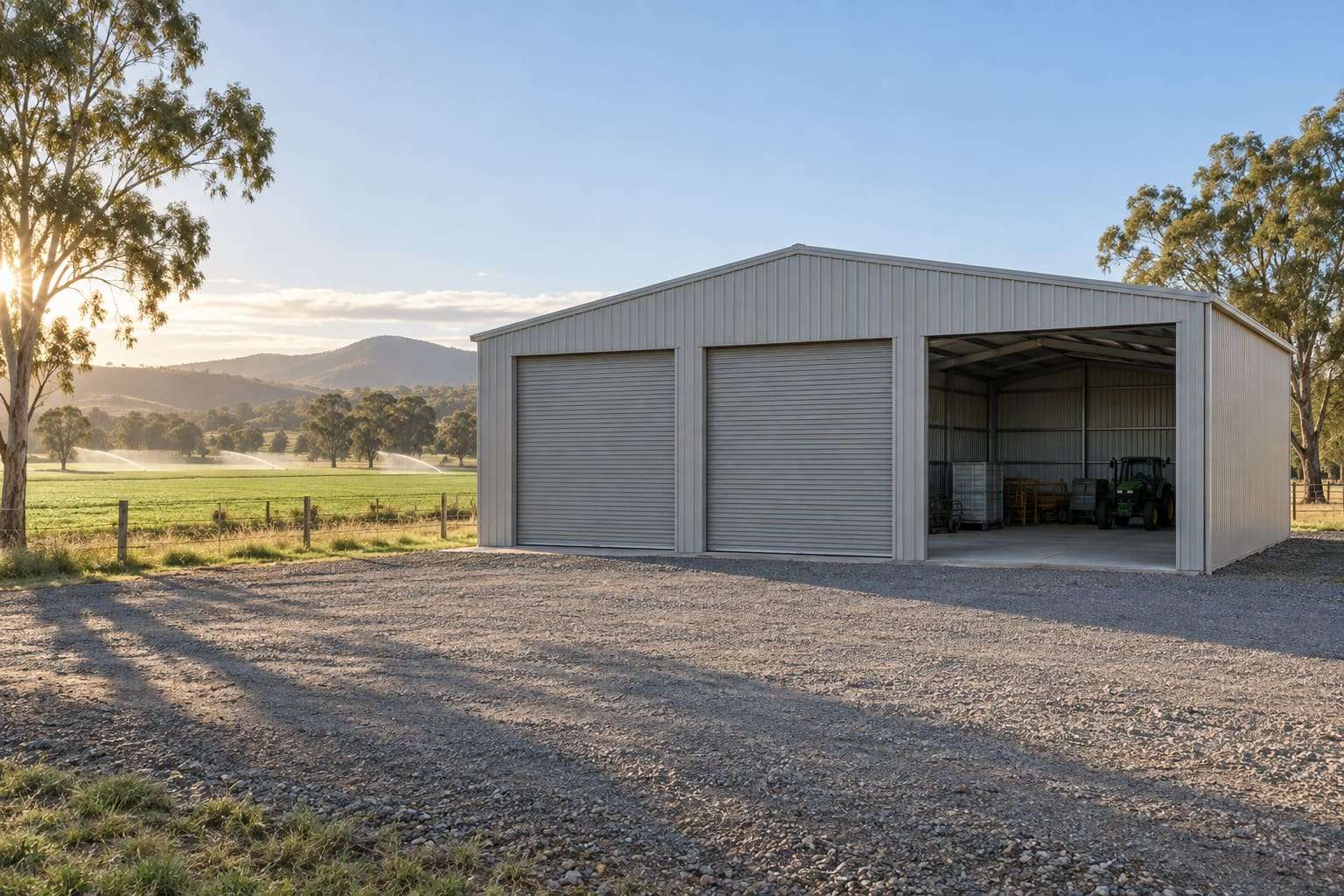 Grey steel farm shed with two roller doors and an open bay beside irrigated paddocks in the Lockyer Valley
