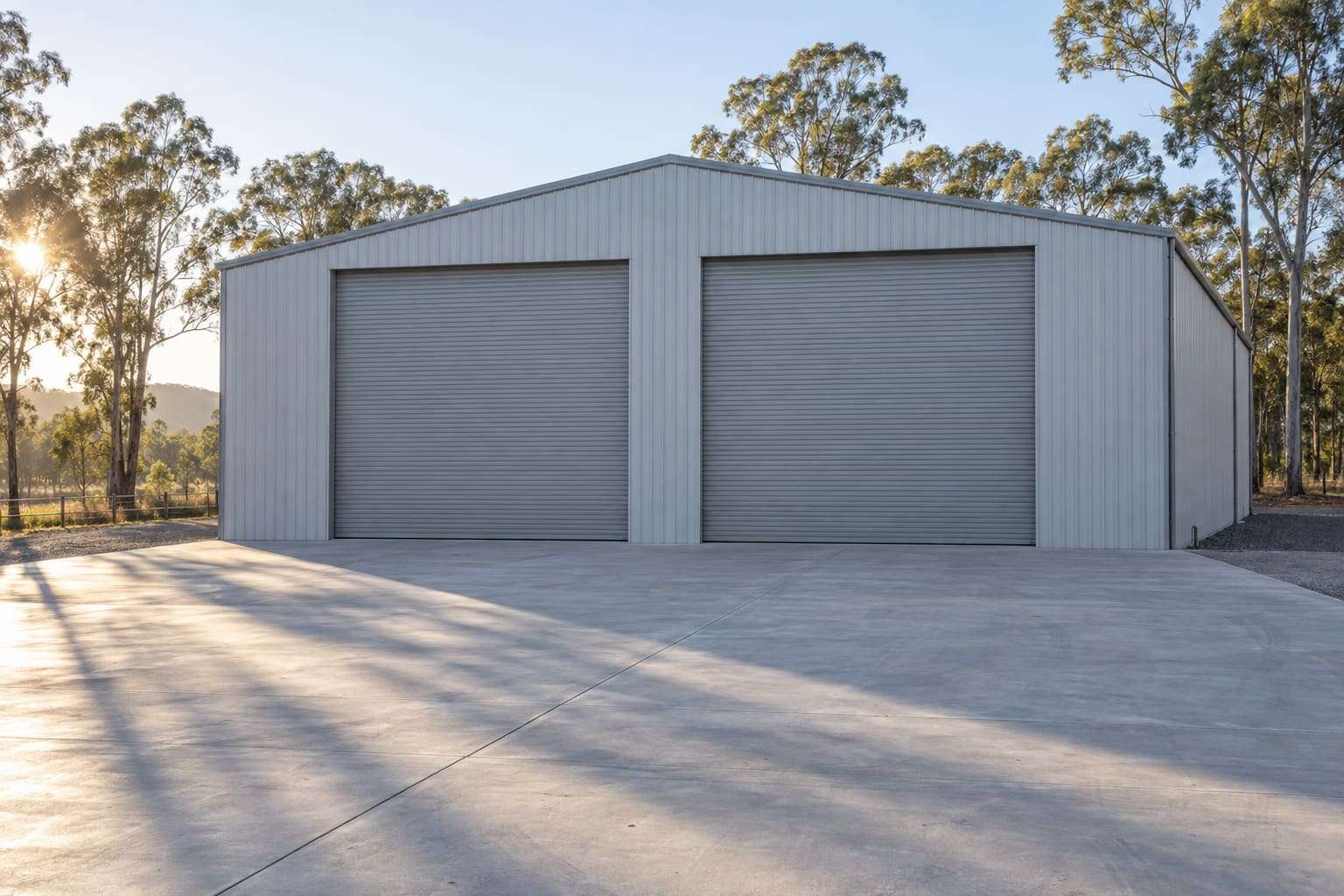 Large clear-span steel industrial shed with two tall roller doors and a concrete hardstand