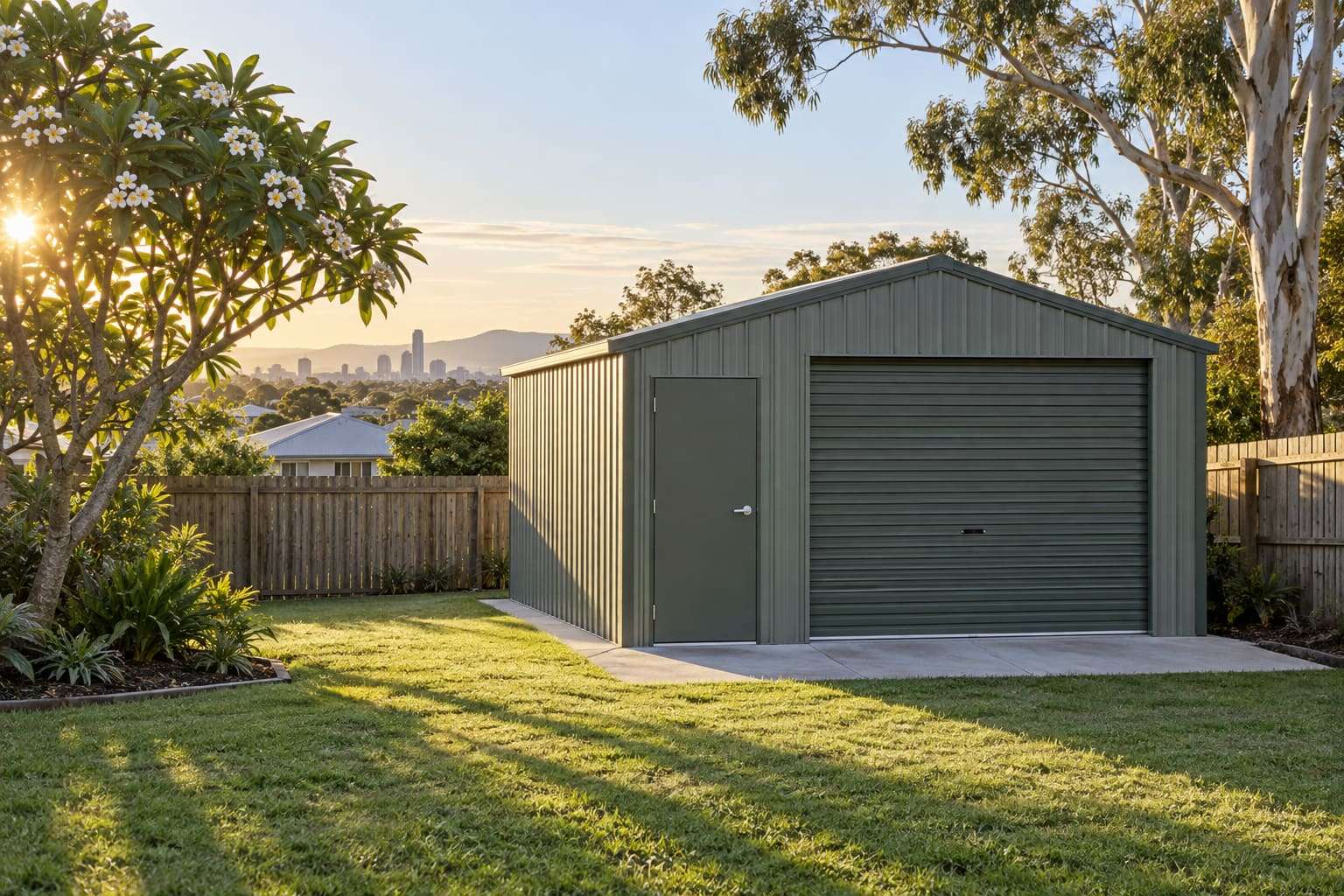 Backyard steel shed with a roller door and personal access door on a slab in a suburban Brisbane yard
