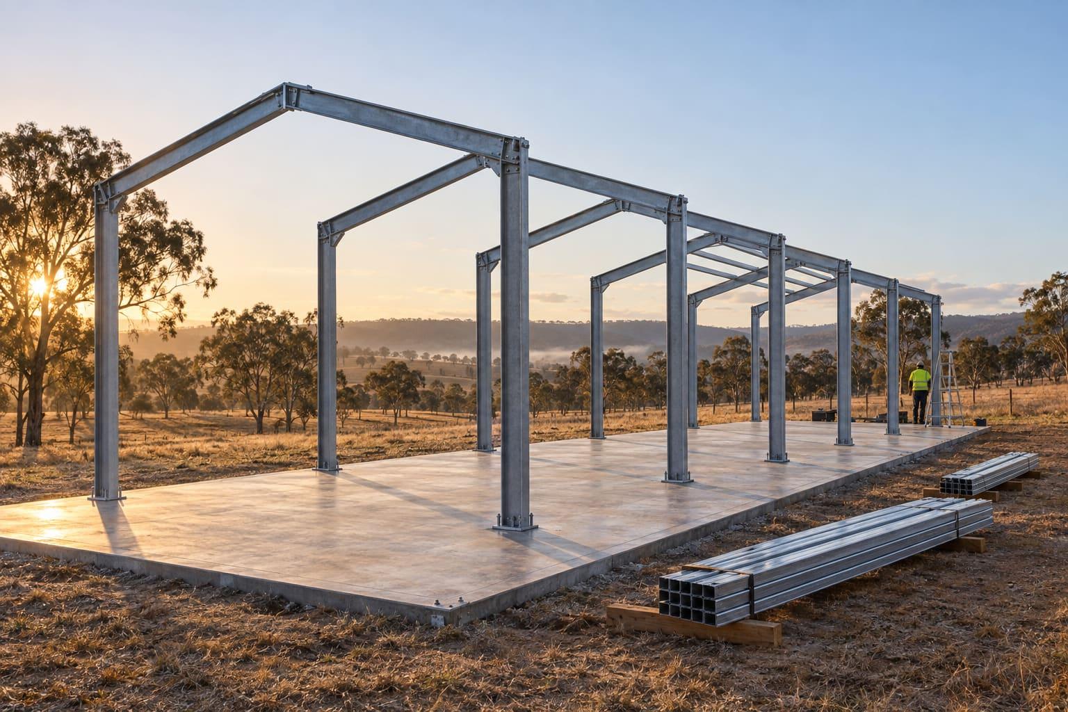 Steel gable portal frames standing on a new concrete slab during shed erection at first light