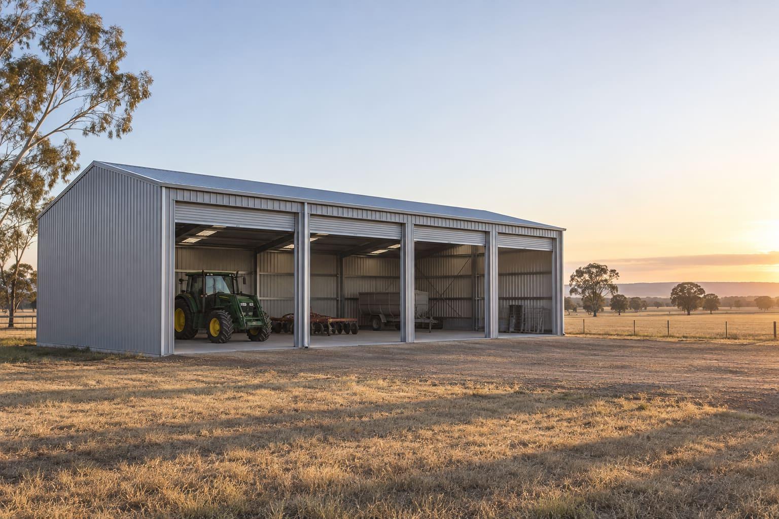 Four-bay open-front steel machinery shed with a tractor inside, on a Darling Downs farm at sunrise