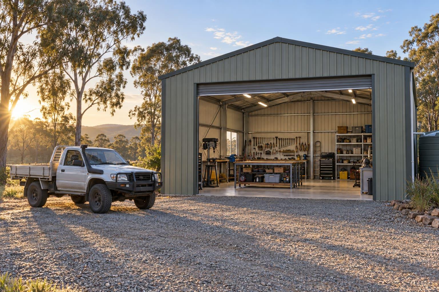 Steel workshop shed with the roller door open, showing a workbench and tool wall, with a ute parked out front