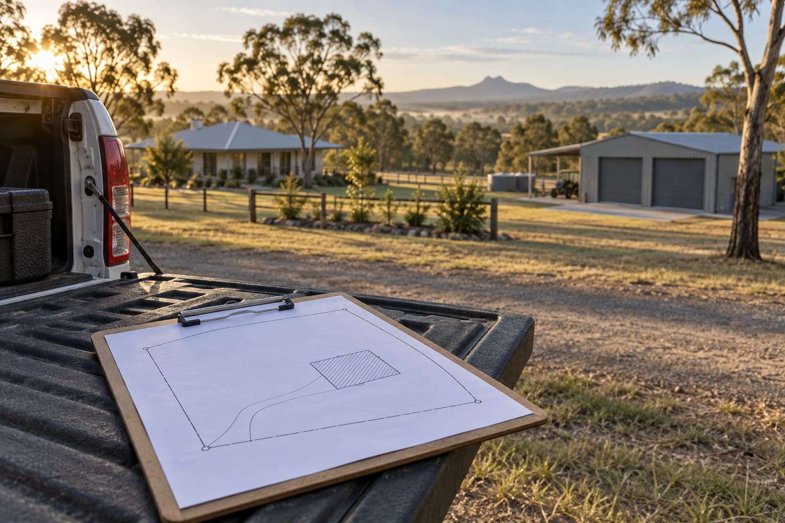 Clipboard with a site plan showing the property boundary and a hatched shed footprint on a ute tailgate
