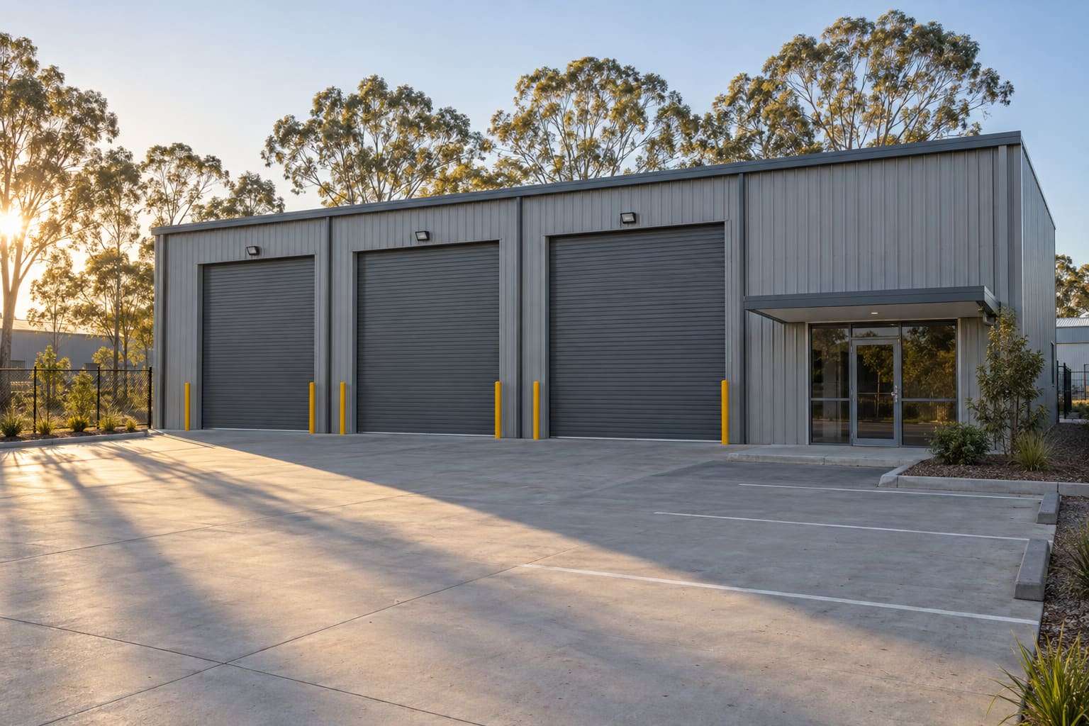 Commercial steel building with three roller doors and a glazed office entry in a light-industrial estate