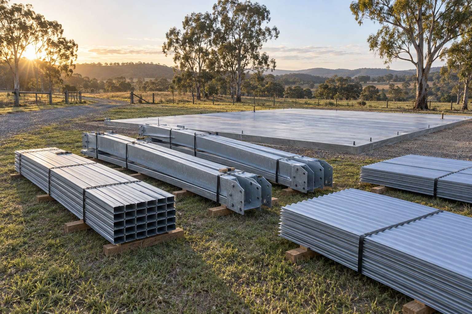 Steel shed kit delivered to site: strapped steel bundles and cladding sheets on timber bearers beside a new slab